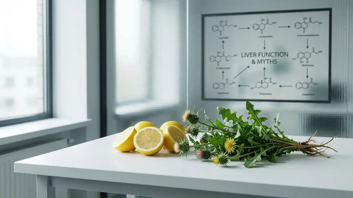 Citrons frais et herbes hépatiques détoxifiantes sur fond scientifique, illustration du mythe de la détox naturelle