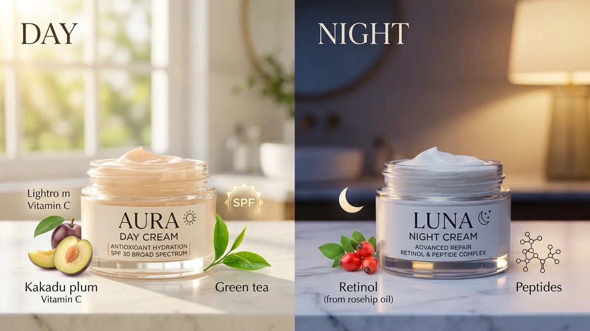 Crème jour et crème nuit en split-screen : textures et actifs comparés, pots en verre sur marbre blanc