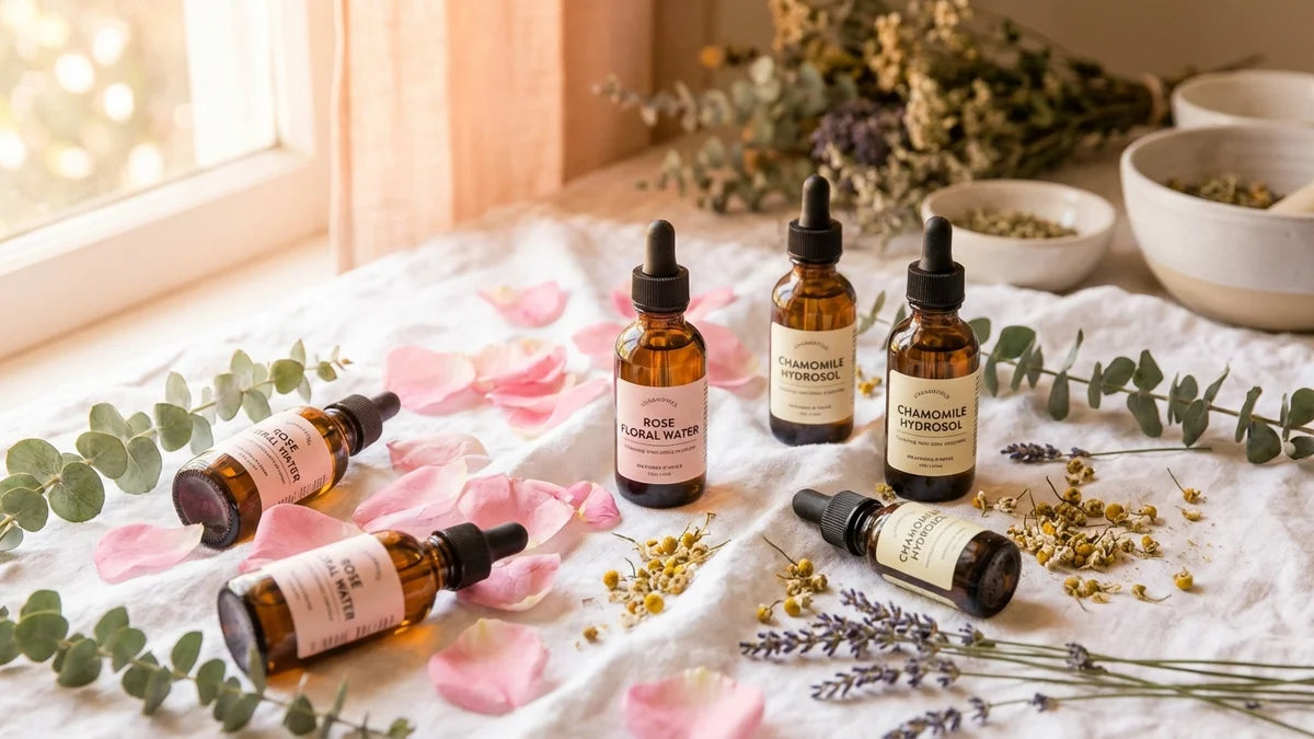 Bouteilles d'eaux florales bio rose et camomille avec pétals et plantes aromatiques sur lin blanc