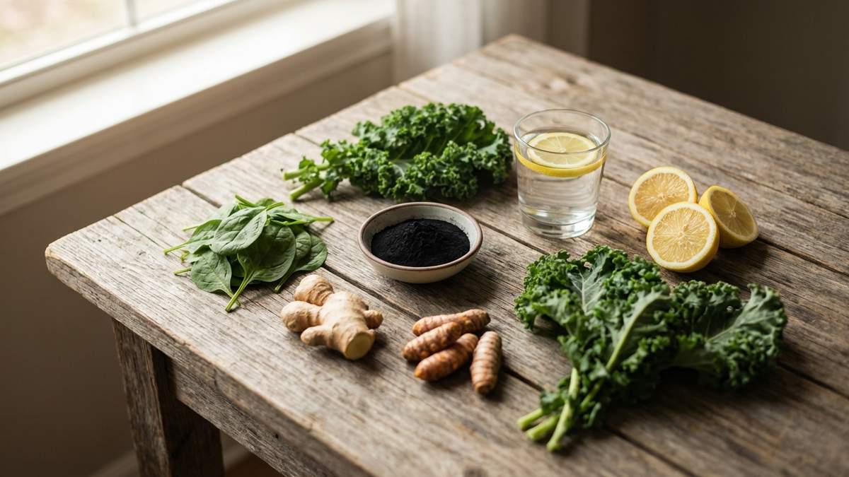 Ingrédients naturels détoxifiants : charbon actif, légumes verts, gingembre, curcuma et citron