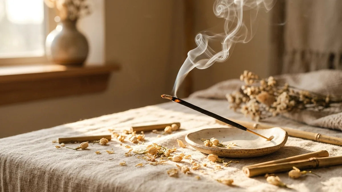 Bâton d'encens jasmin brûlant avec fleurs séchées et fumée blanche sur lin naturel