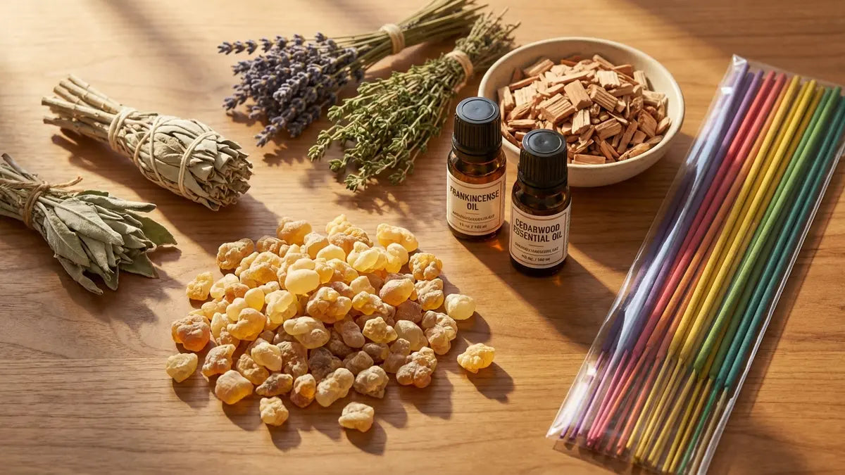 Comparaison encens naturel et synthétique avec ingrédients, résines et bâtons sur surface bois