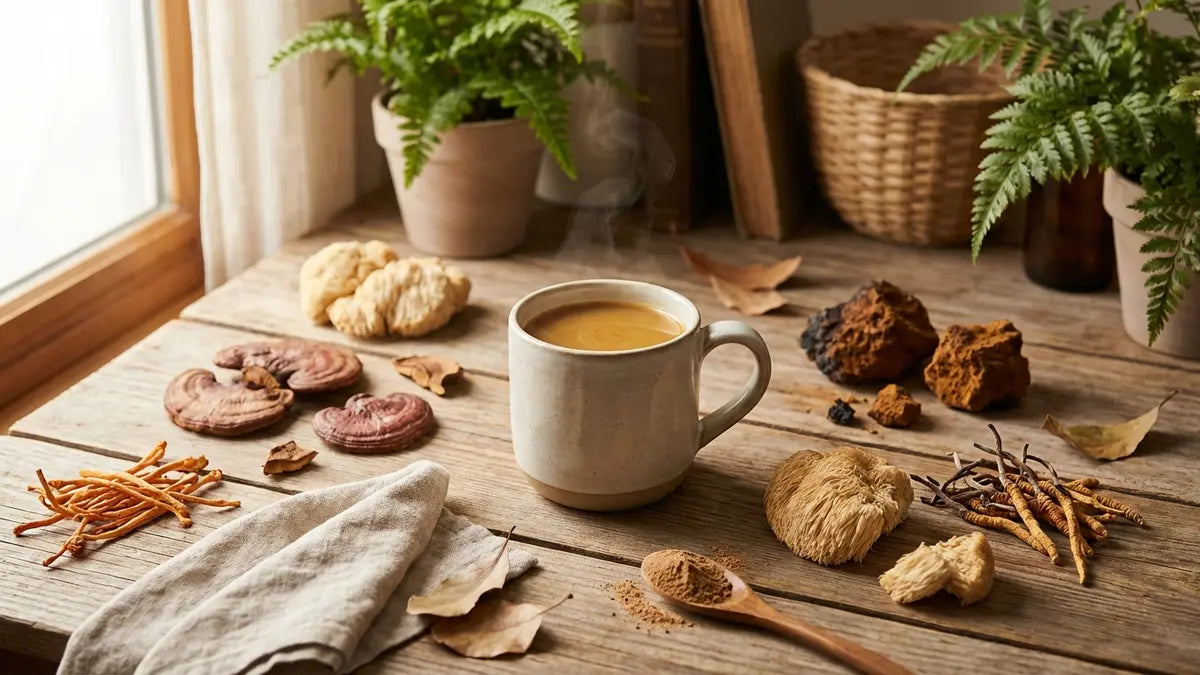 Tasse de café aux champignons médicinaux avec reishi, chaga et cordyceps pour la santé quotidienne