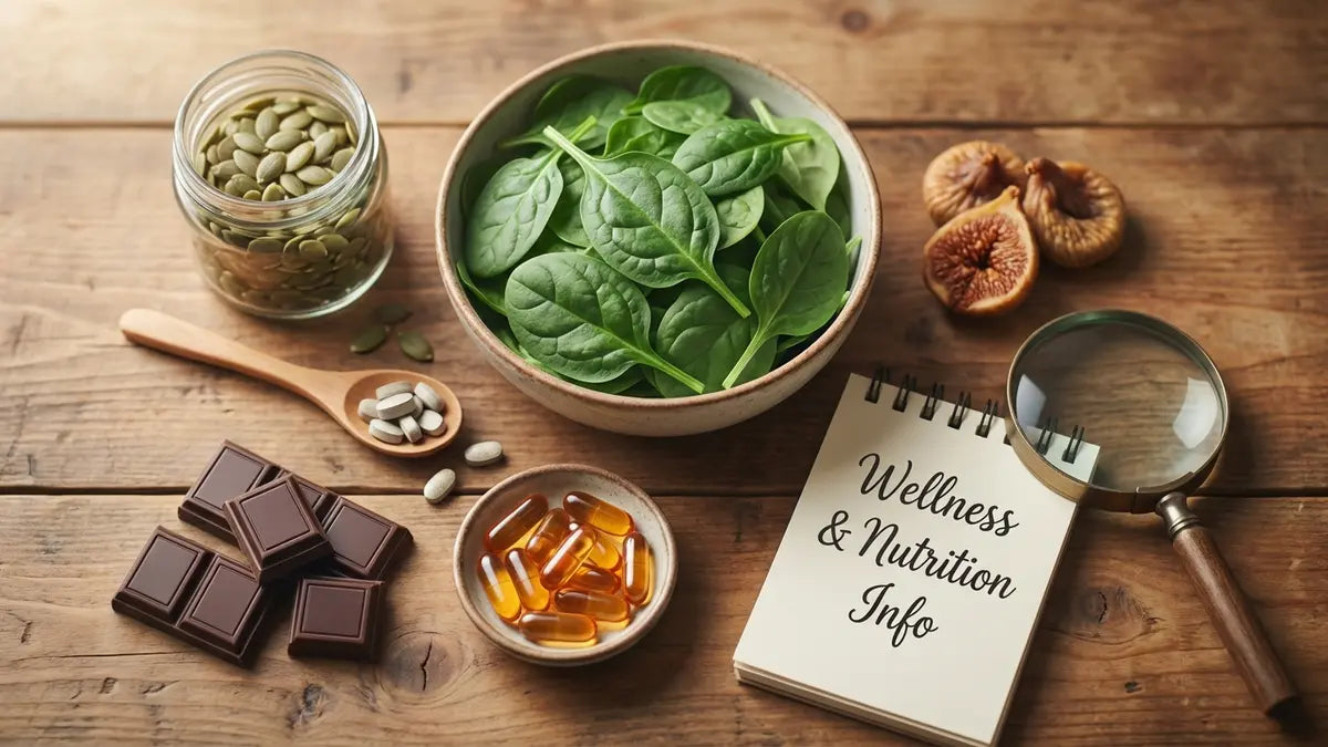 Aliments riches en fer, magnésium et zinc pour détecter carences: épinards, graines citrouille, suppléments