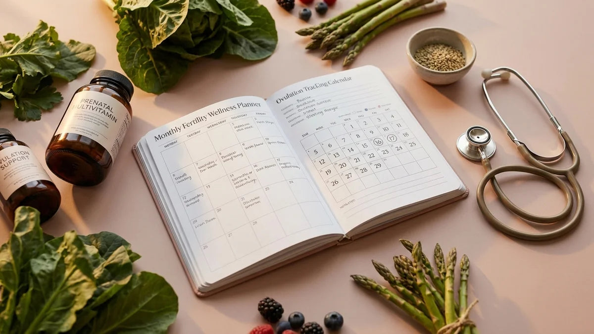 Planificateur fertilité mensuel avec calendrier d'ovulation, suppléments et légumes bio pour optimiser la conception après 35 ans