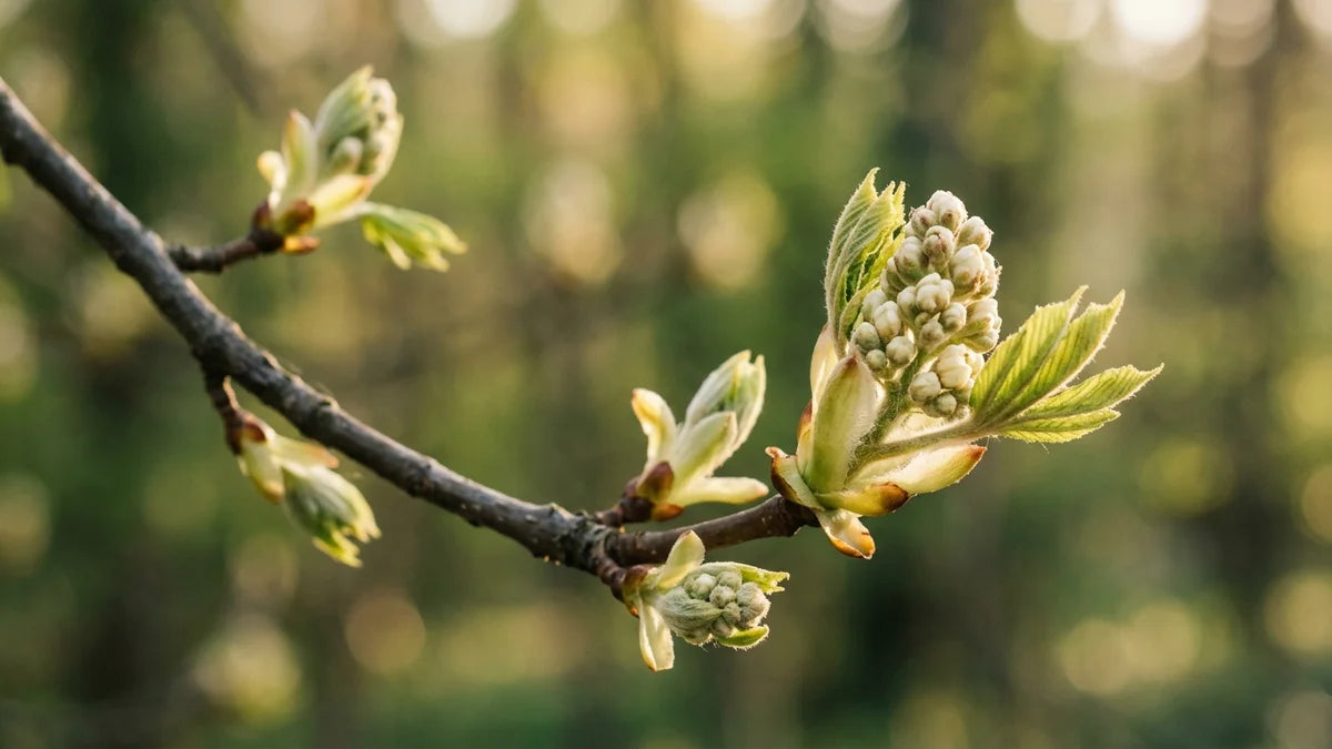 Fleur de Bach Chestnut Bud bourgeon blanc sur branche symbolisant renouveau et sortie des schémas répétitifs