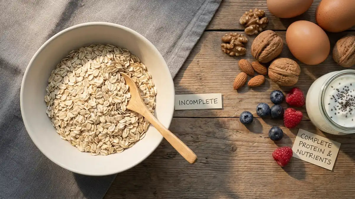Bol de flocons d'avoine nature vs ingrédients nutritifs : œufs, fruits, yaourt et noix pour équilibrer son petit-déjeuner