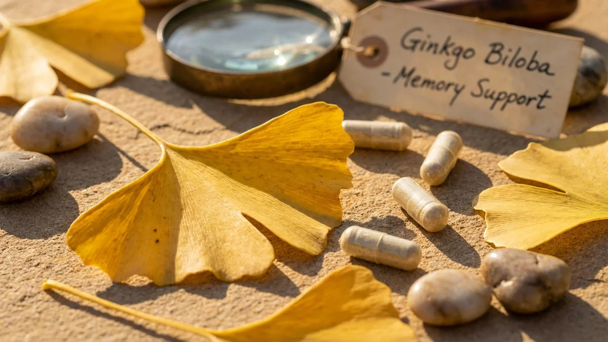 Feuilles de Ginkgo biloba dorées en automne avec capsules de complément alimentaire sur pierre naturelle