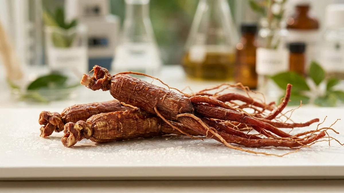 Racines de ginseng coréen rouge frais en gros plan pour article sur ginseng et libido masculine