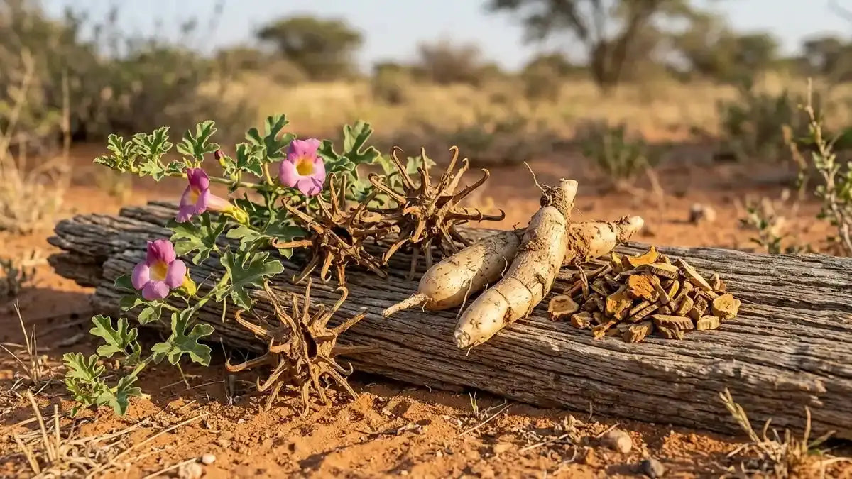 Griffe du diable (Harpagophytum procumbens) en fleurs, fruits crochus et racines tubérisées sur bois