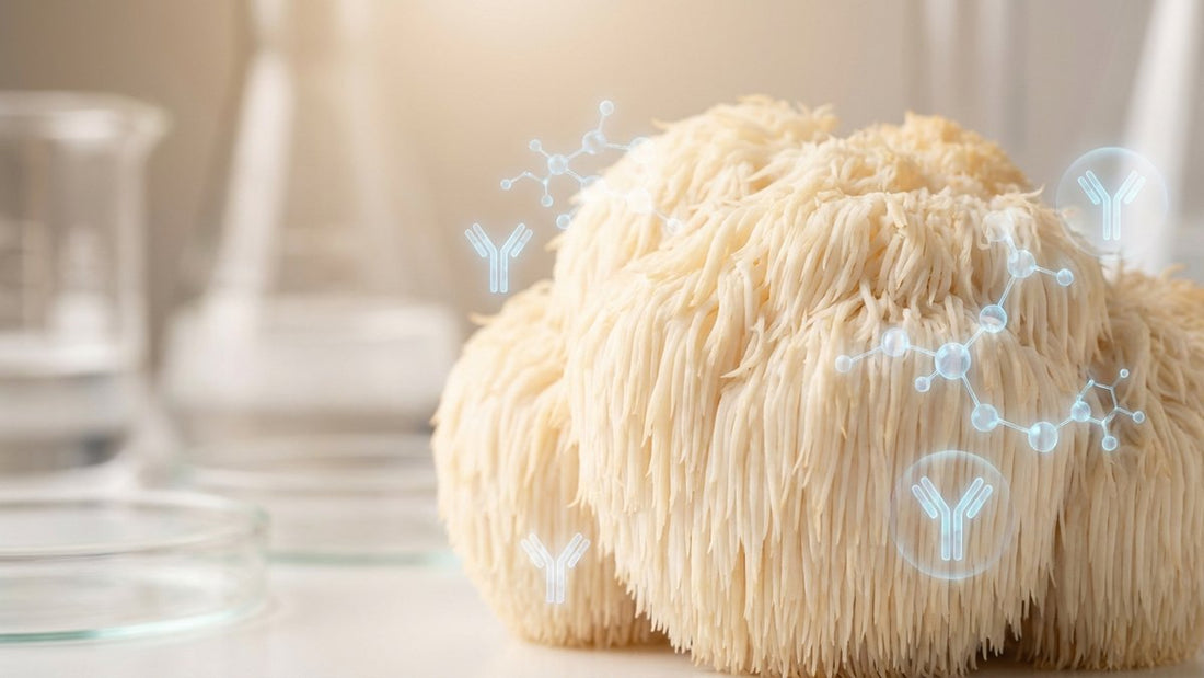 Champignon Hericium erinaceus crinière de lion en macrophotographie, structure blanche détaillée pour article sur bêta-glucanes et immunité