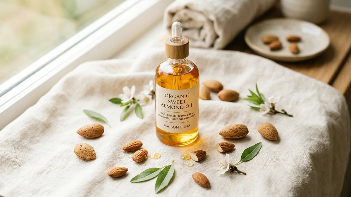 Huile d'amande douce bio enceinte en bouteille avec amandes fraîches