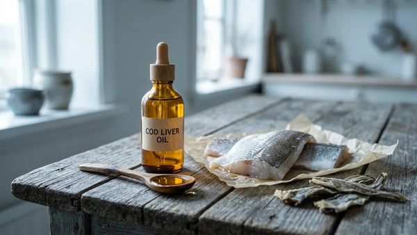 Flacon doré d'huile de foie de morue et cuillère en bois sur une table nordique, à côté de filets de morue frais et séchés