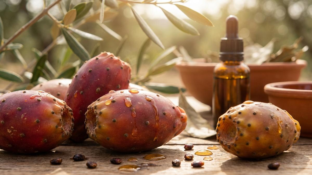 Gouttes d'huile de pépins de figue de barbarie dorée sur fruits frais, anti-âge naturel pour peau mature