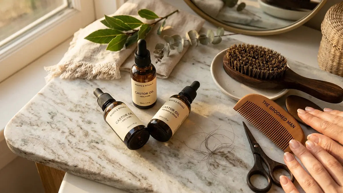 Huile de ricin en flacons pour barbe, cheveux et ongles avec outils de soin