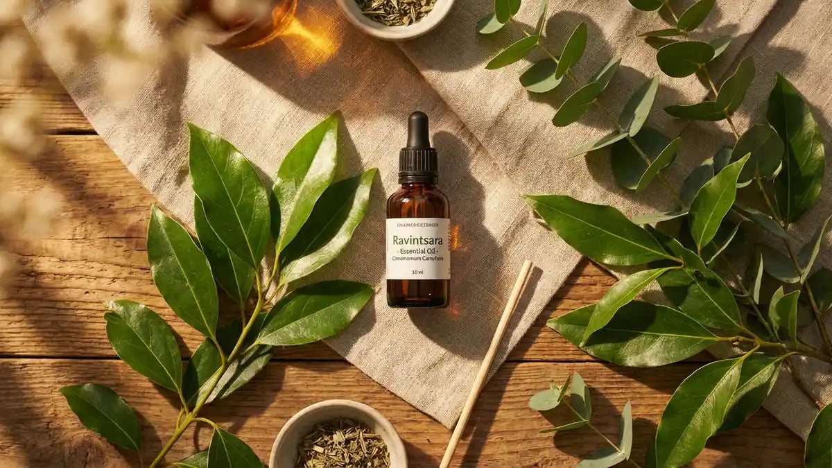 Bouteille huile essentielle ravintsara avec feuilles fraîches et sprigs eucalyptus sur lin naturel