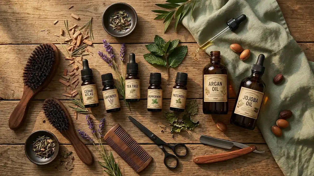 Huiles essentielles pour barbe : flacon de cèdre, lavande, arbre à thé, menthe et patchouli avec outils de grooming