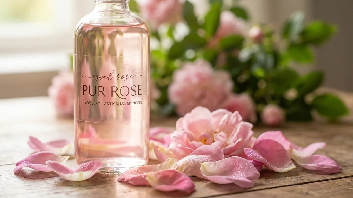 Hydrolat de rose de damas pur en flacon élégant avec pétales frais, soin ancestral skincare
