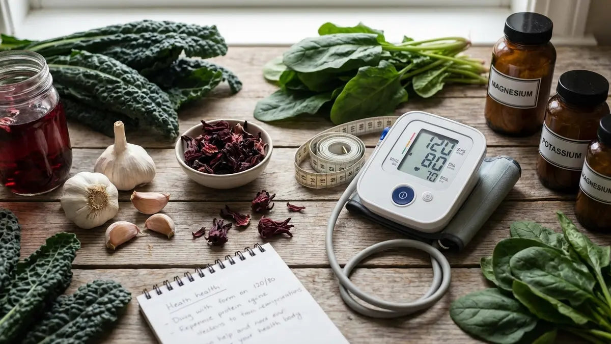 Remèdes naturels contre l'hypertension : ail, hibiscus et légumes verts sur tensiomètre
