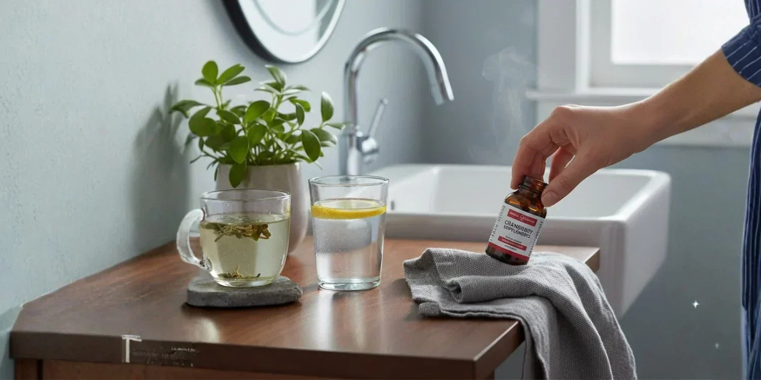 Image d'un homme dans sa salle de bain prenant des compléments contre l'infection urinaire