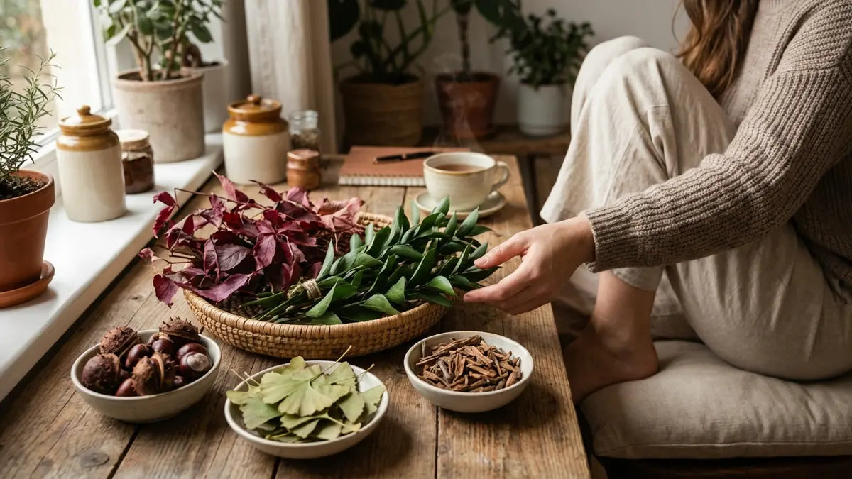 Plantes médicinales pour jambes lourdes : vigne rouge, ruscus, marronnier, ginkgo biloba et hamamélis