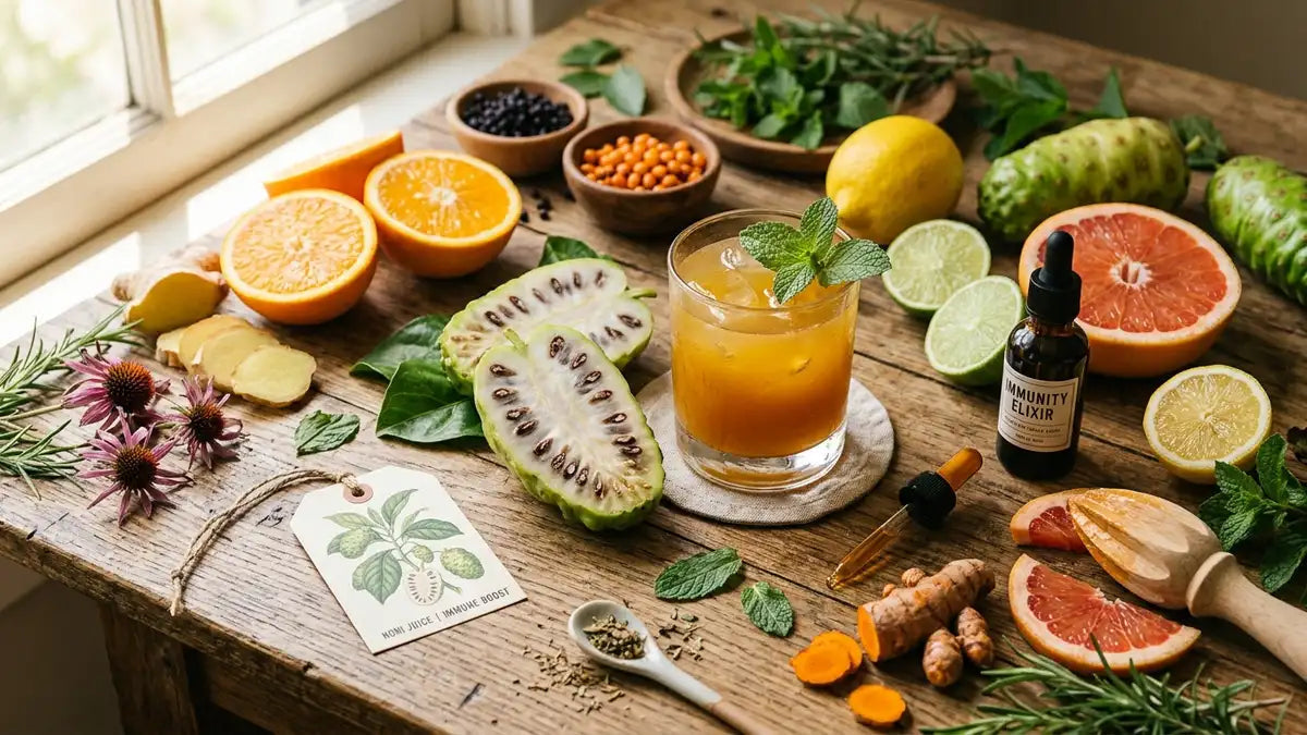 Jus de noni frais avec fruit coupé, agrumes et plantes médicinales pour la santé immunitaire