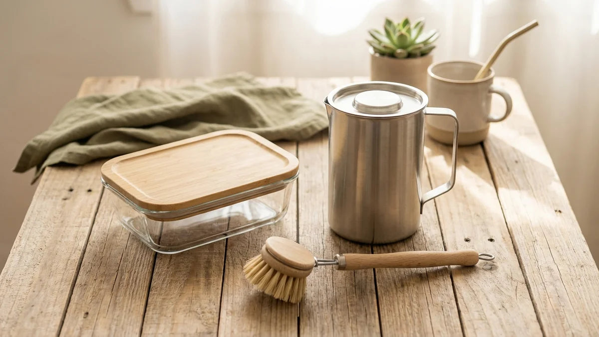 Kit zéro déchet cuisine : conteneur verre, filtre eau et brosse écologique sur bois