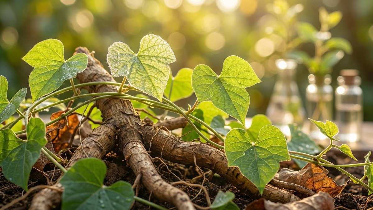 Racines et feuilles de Kudzu (Pueraria lobata) en gros plan, plante utilisée pour arrêter de fumer