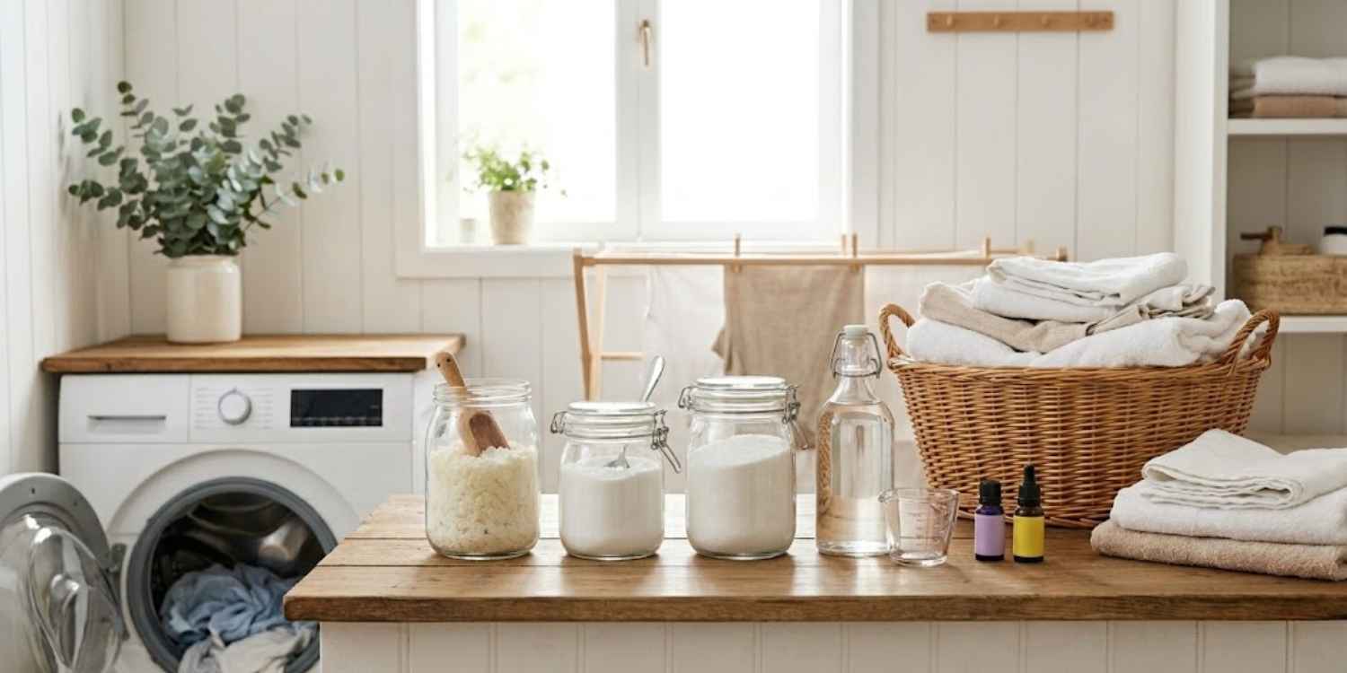 Buanderie lumineuse avec des pots d'ingrédients pour lessive maison sur un comptoir, une machine à laver et du linge propre.