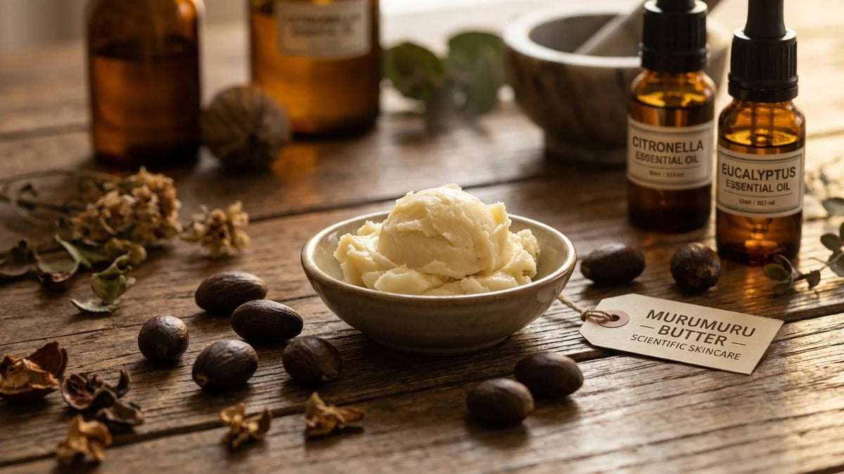 Beurre de murumuru crémeux avec graines de palmier sur bois, ingrédient skincare naturel efficace