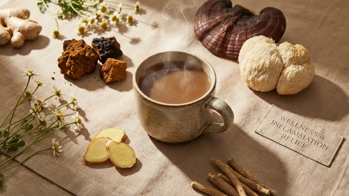 Tasse de café aux champignons avec champignons adaptogènes et gingembre pour réduire la graisse abdominale