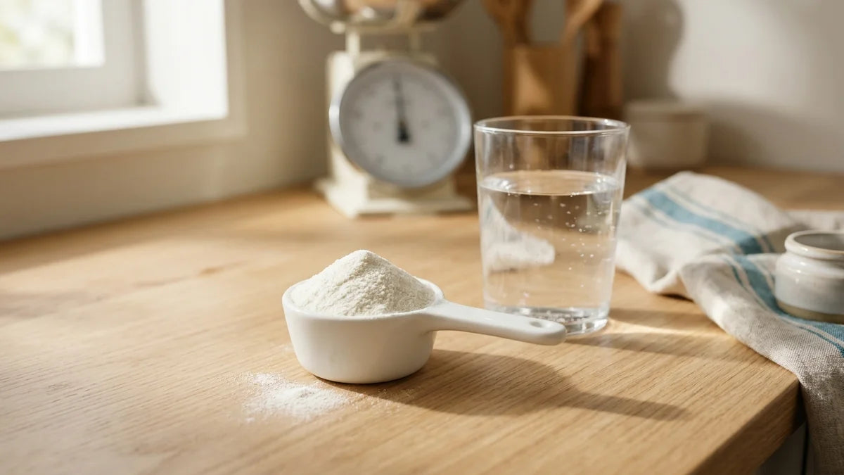 Cuillère de poudre de collagène blanche à côté d'un verre d'eau et d'une balance de cuisine, sur un plan de travail en bois