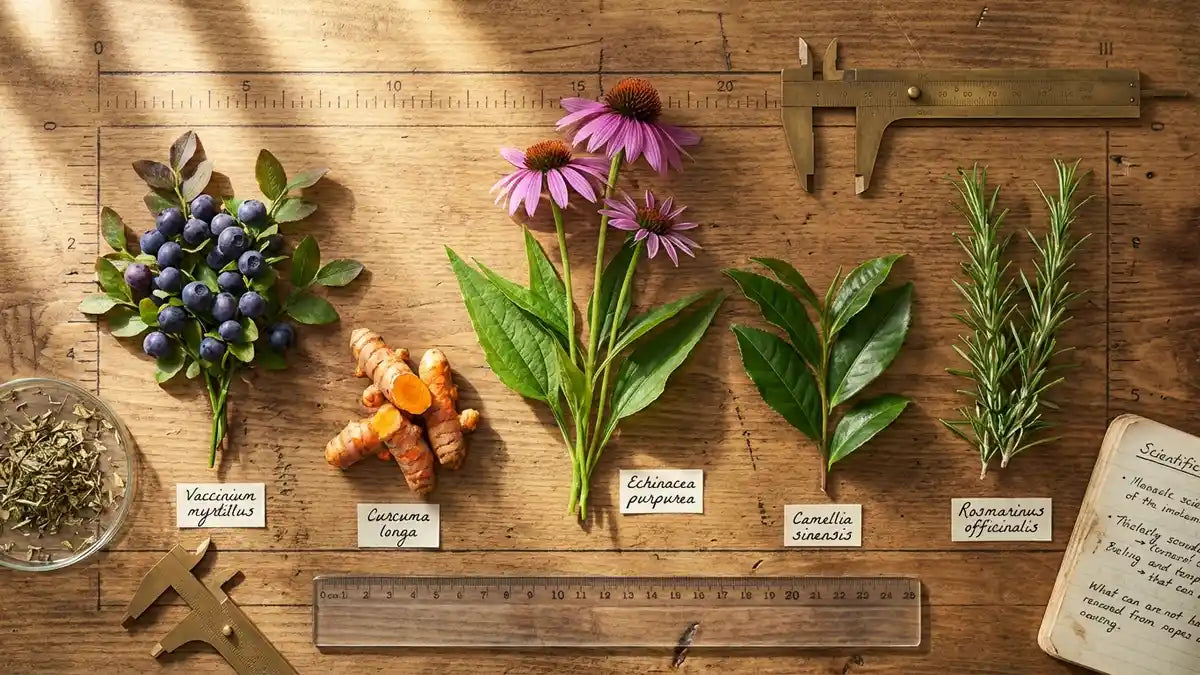 Cinq plantes antioxydantes arrangées en flat-lay avec mesures scientifiques sur surface bois