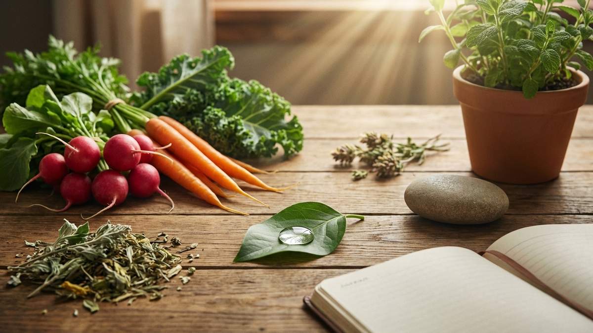 Les 7 piliers du bien-être : légumes bio, herbes, eau, pierre, plante, soleil et journal sur bois