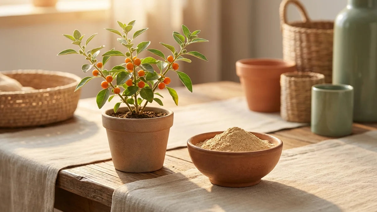 Ashwagandha fraîche avec baies et poudre de racine pour l'équilibre hormonal et la fertilité