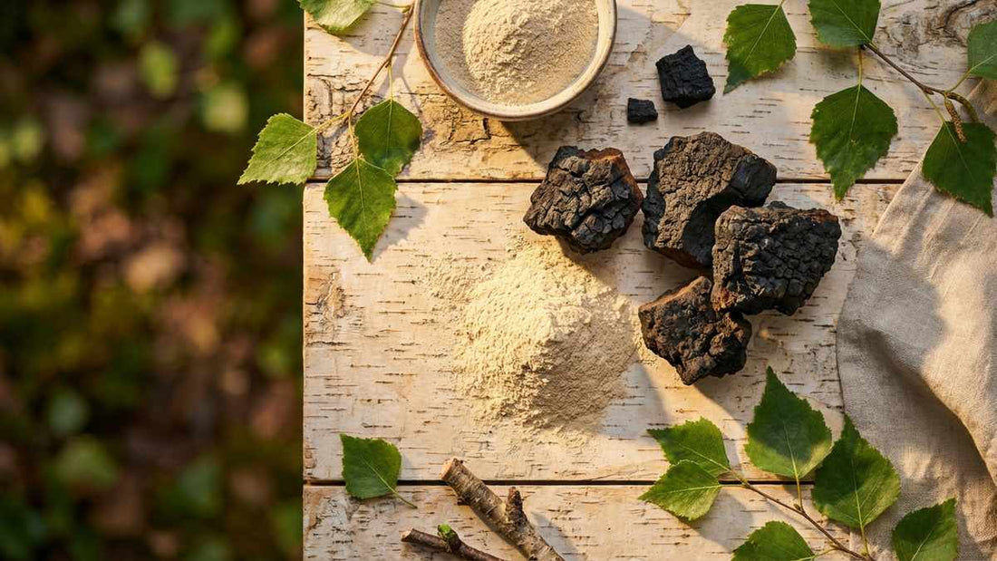 Chaga brut et poudre sur bois de bouleau avec feuilles, antioxydant naturel pour la beauté de la peau