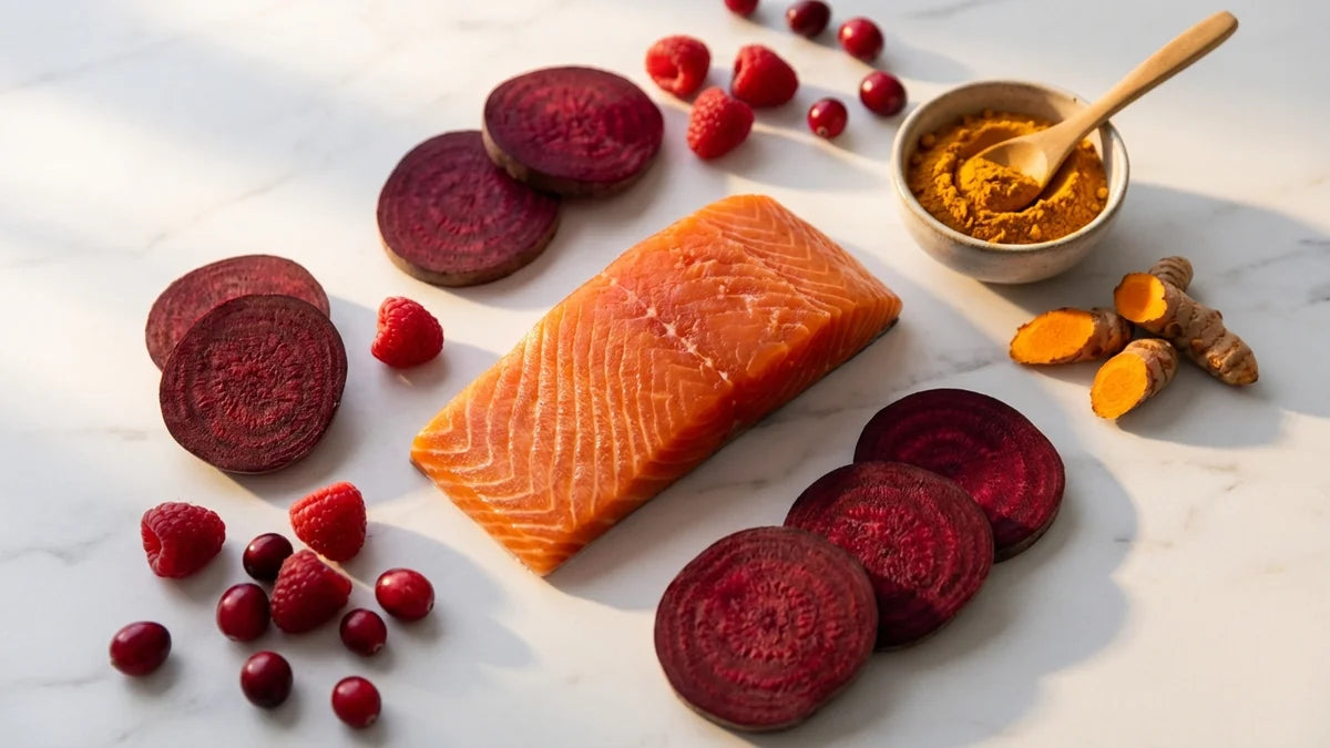 Aliments pour circulation sanguine : baies rouges, betteraves, saumon et curcuma sur marbre blanc