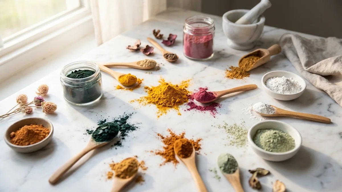 Pigments naturels cosmétiques sur marbre : curcuma, betterave, spiruline et argile verte pour le teint