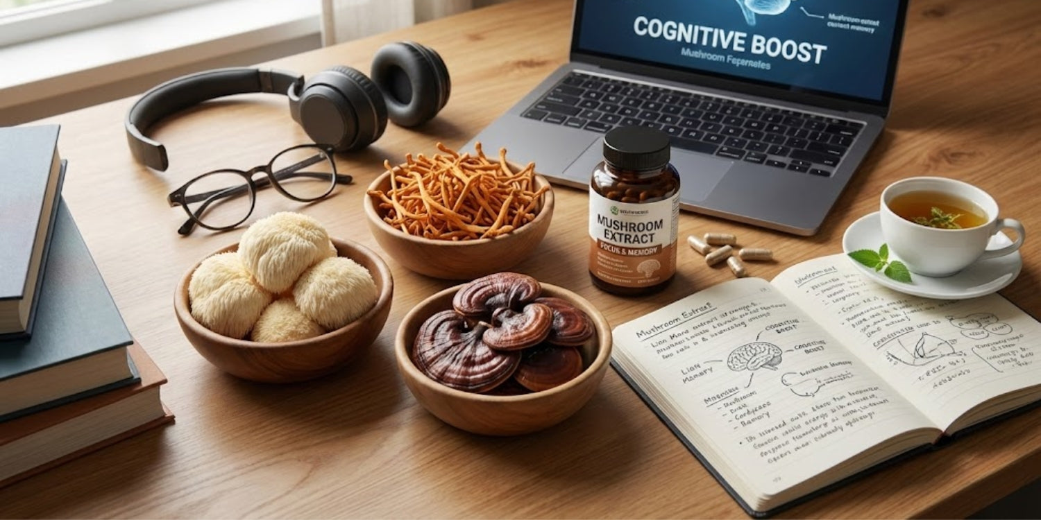 Une boite de gélules de lion's mane posé sur une bureau devant un ordinateur allumé