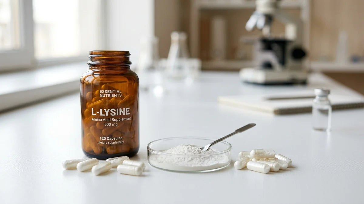 Gélules et poudre de Lysine, acide aminé essentiel pour la santé, sur surface blanche