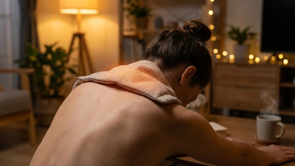 Routine anti-cervicales : femme appliquant un coussin chauffant sur le cou avec étirement thérapeutique en soirée