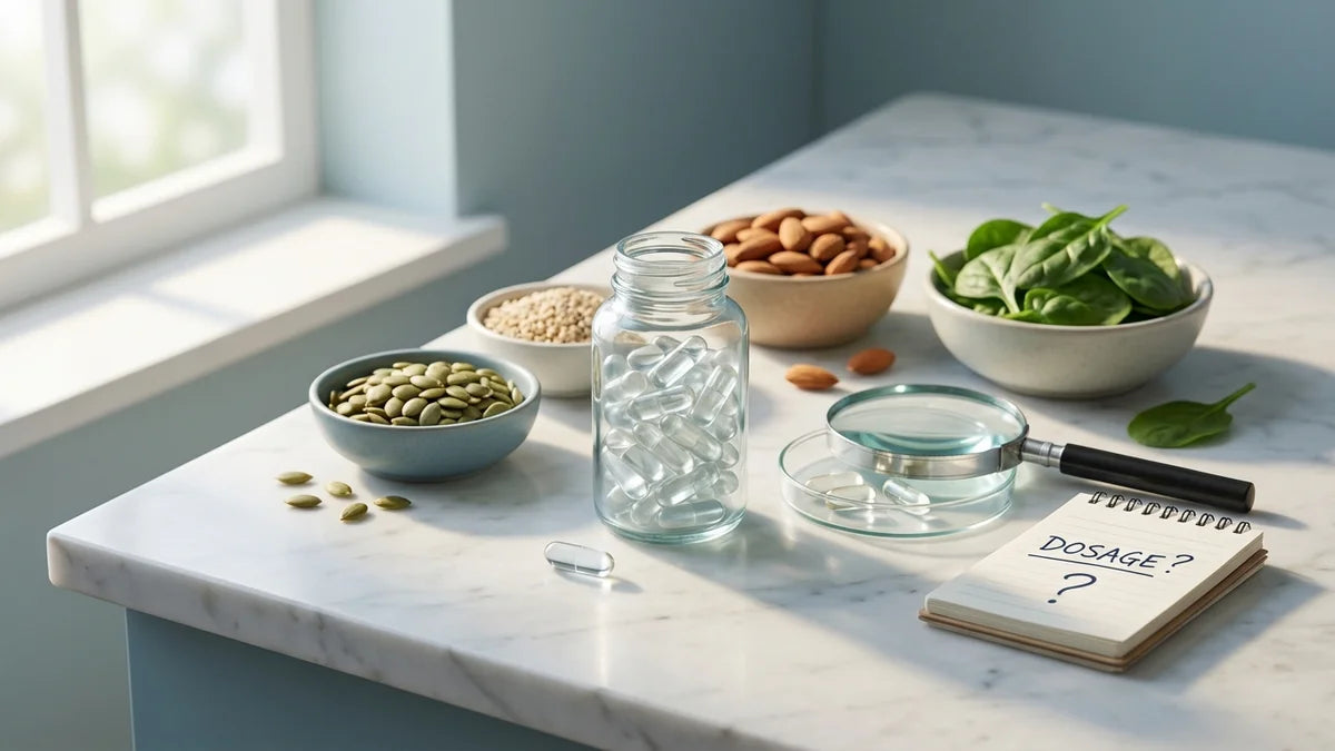 Suppléments de magnésium bisglycinate et aliments riches en magnésium sur marbre blanc