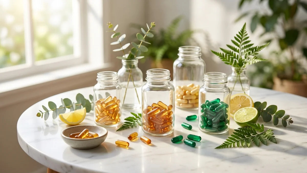 Gélules de magnésium et vitamine B6 sur marbre avec plantes vertes pour réduire stress et fatigue