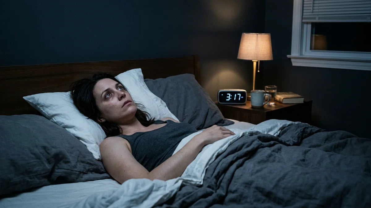 Personne éveillée au lit la nuit souffrant d'insomnie et manque de mélatonine
