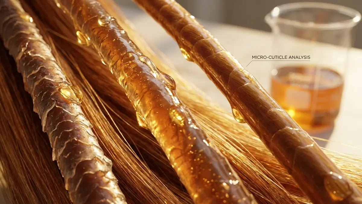 Masque cheveux appliqué sur mèches montrant cuticules ouvertes et brillance, ordre application shampoing