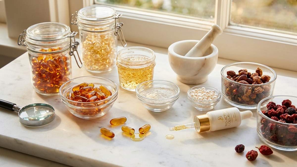 Compléments anti-âge premium et ingrédients naturels collagène sur marbre, éclairage naturel, composition scientifique wellness 2024