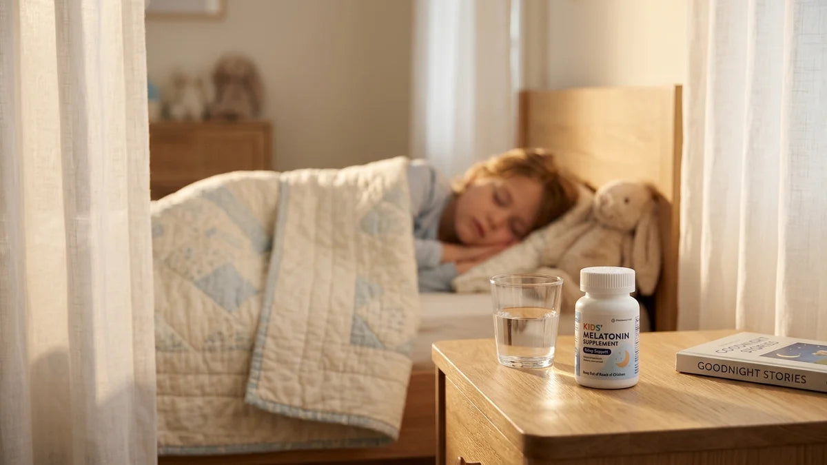 Chambre d'enfant apaisante avec suppléments de mélatonine sur table de nuit pour mieux dormir