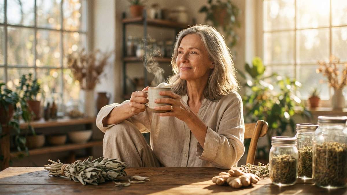Femme mature buvant une tisane avec herbes médicinales pour soulager la ménopause naturellement