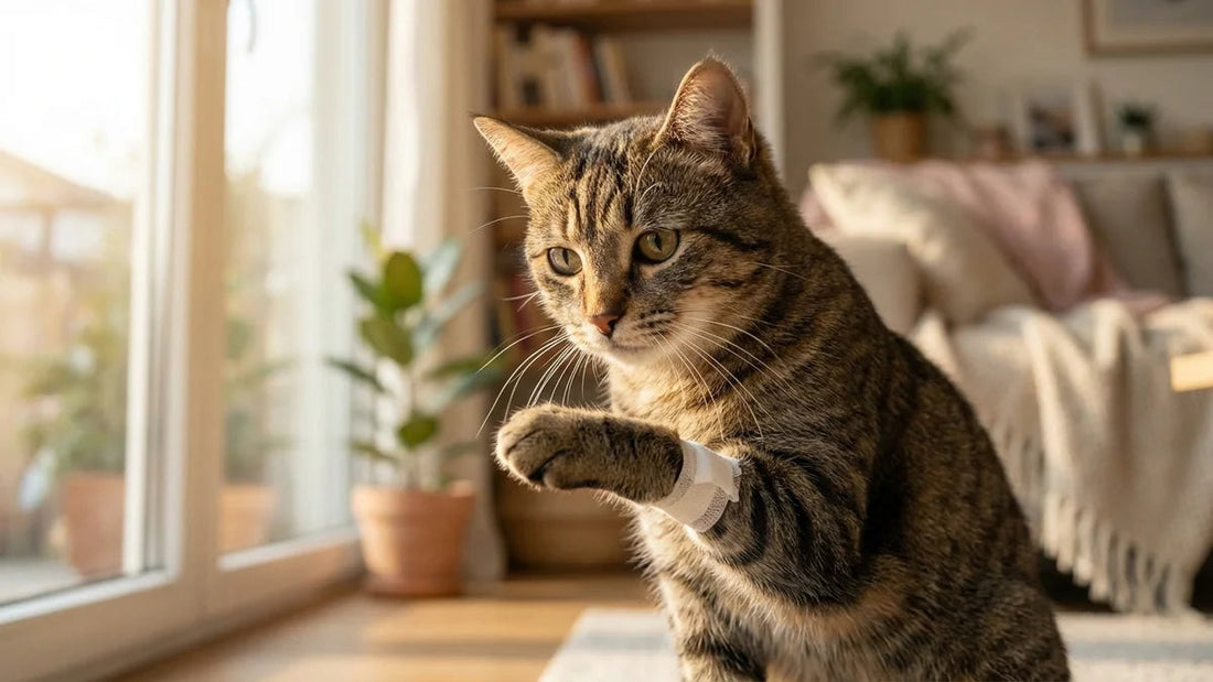 Chat tabby levant sa patte avant avec gêne, illustrant les problèmes de boiterie féline nécessitant un diagnostic vétérinaire