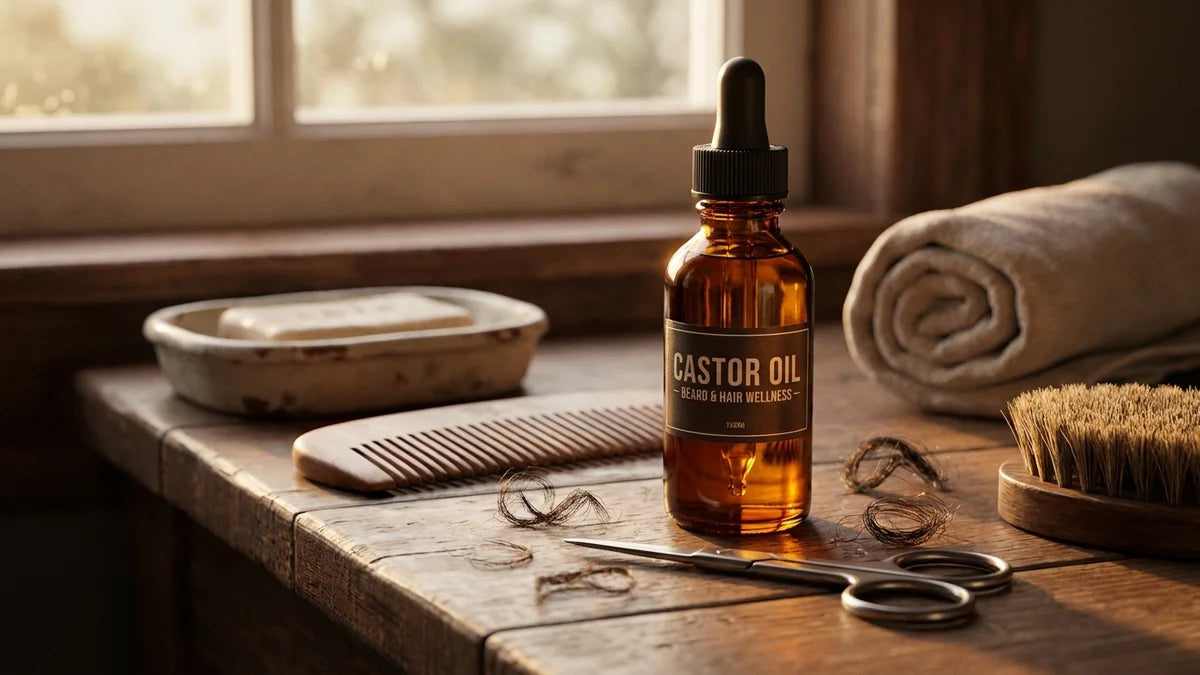 Bouteille d'huile de ricin avec outils de toilettage barbe pour rituel quotidien